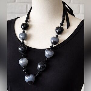Chunky Art Glass Puffed Heart Necklace Hand-Knotted Smoky Grey Lampwork Beads